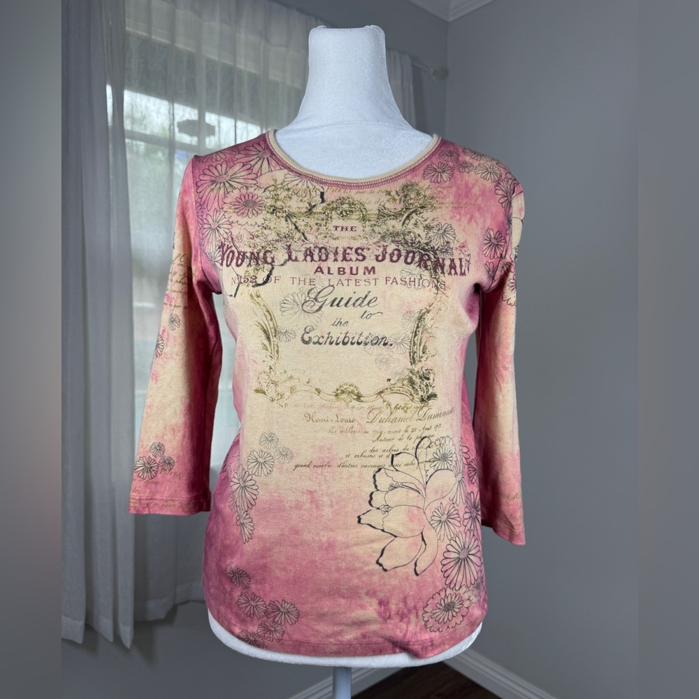 Vintage Y2K Jamee J. Pink & Cream Floral Print 3/4 Sleeve Jersey